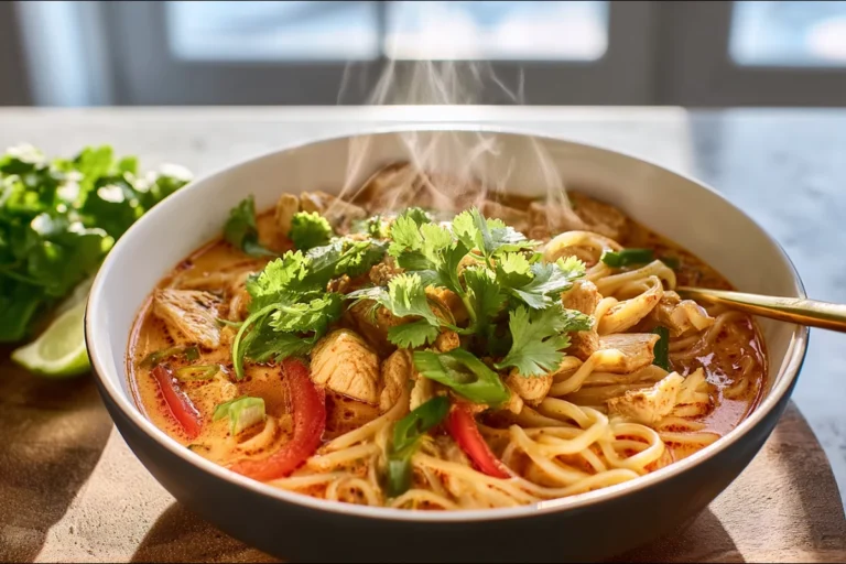 photorealistic hero shot of thai red curry noodle soup with chicken and cilantro