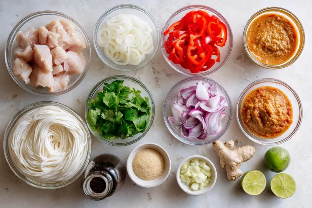 Ingredients for Thai Red Curry Noodle Soup including chicken, coconut milk, curry paste, rice noodles, herbs, and lime