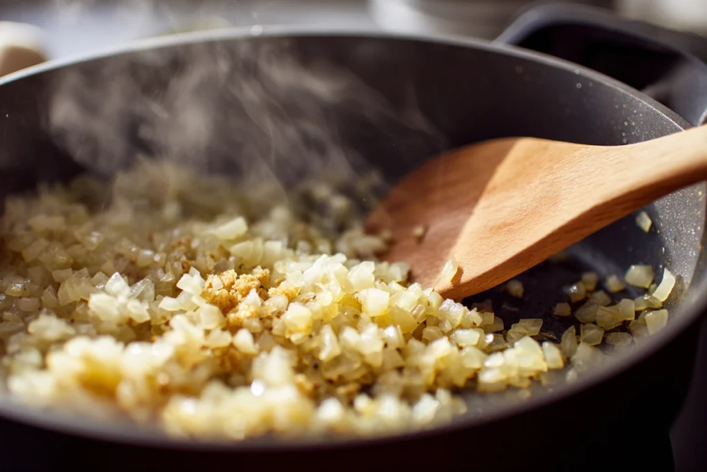 sautéing onions garlic and ginger for thai red curry noodle soup in a modern pot