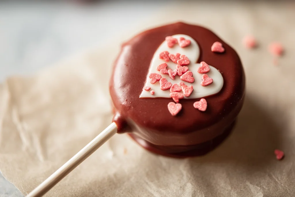 Valentine Oreo Pop being decorated with heart sprinkles while chocolate is still wet