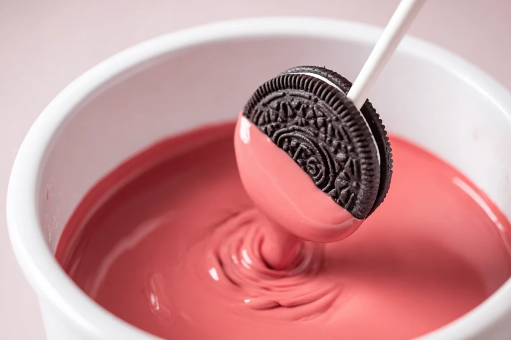 close-up of Valentine Oreo Pop being dipped in melted pink chocolate