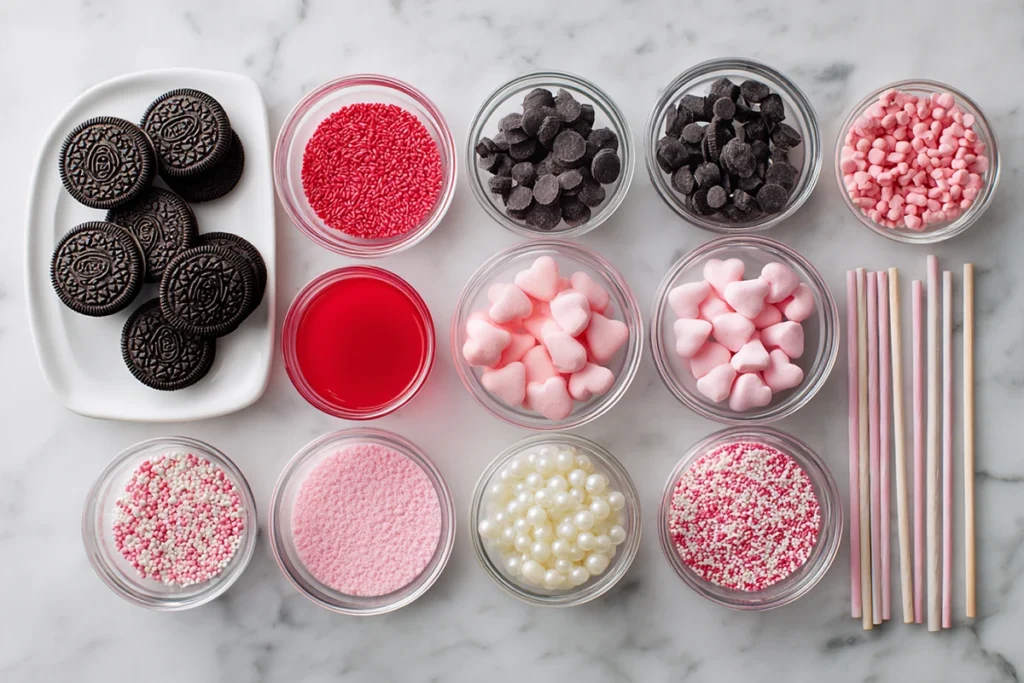 Ingredients for Valentine Oreo Pops including Oreos, candy melts, sprinkles, and lollipop sticks