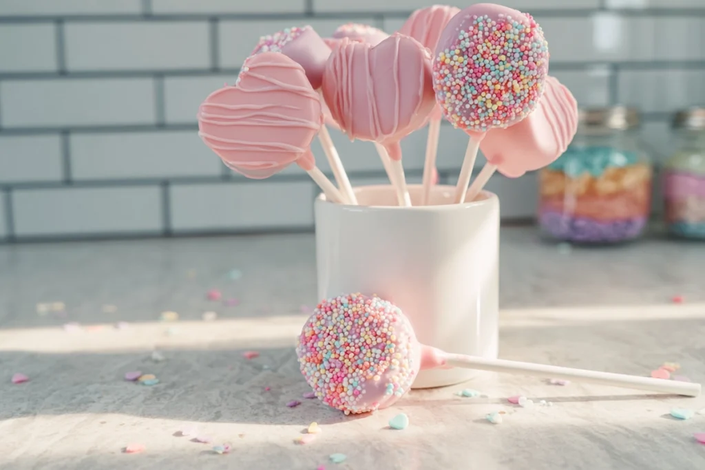 serving display of Valentine Oreo Pops arranged in a white cup