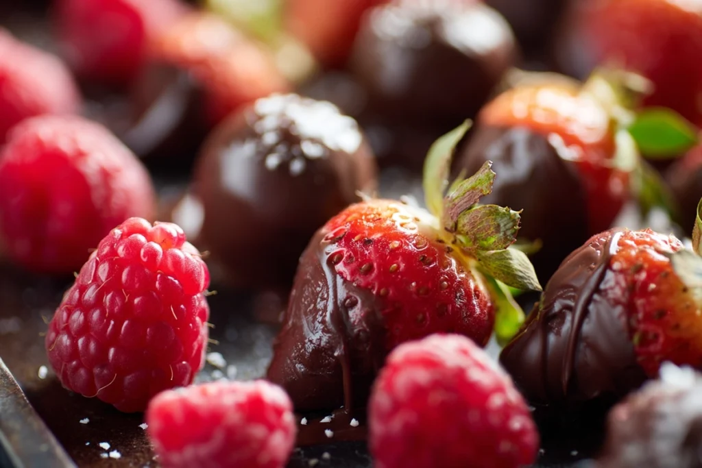 Filling gaps on a Valentine’s Dessert Board with fresh fruit and chocolate treats