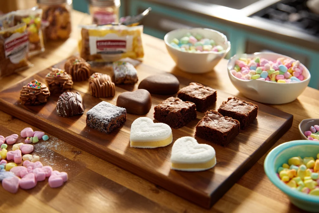 Building a Valentine’s Dessert Board by arranging brownies, cookies, and candy bowls