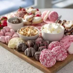 Valentine’s Dessert Board with chocolates, strawberries, cookies, and brownies on a modern kitchen counter