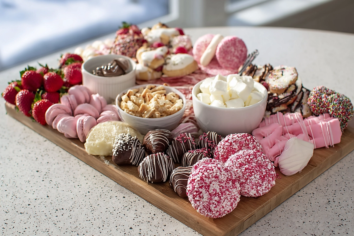 Valentine’s Dessert Board with chocolates, strawberries, cookies, and brownies on a modern kitchen counter