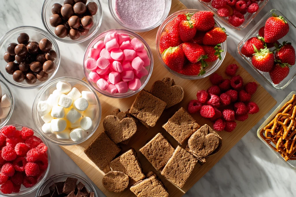 Ingredients for a Valentine’s Dessert Board arranged neatly with chocolates, fruit, cookies, and candies