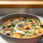 Vegan Pumpkin Wild Rice Soup served warm in a modern bowl