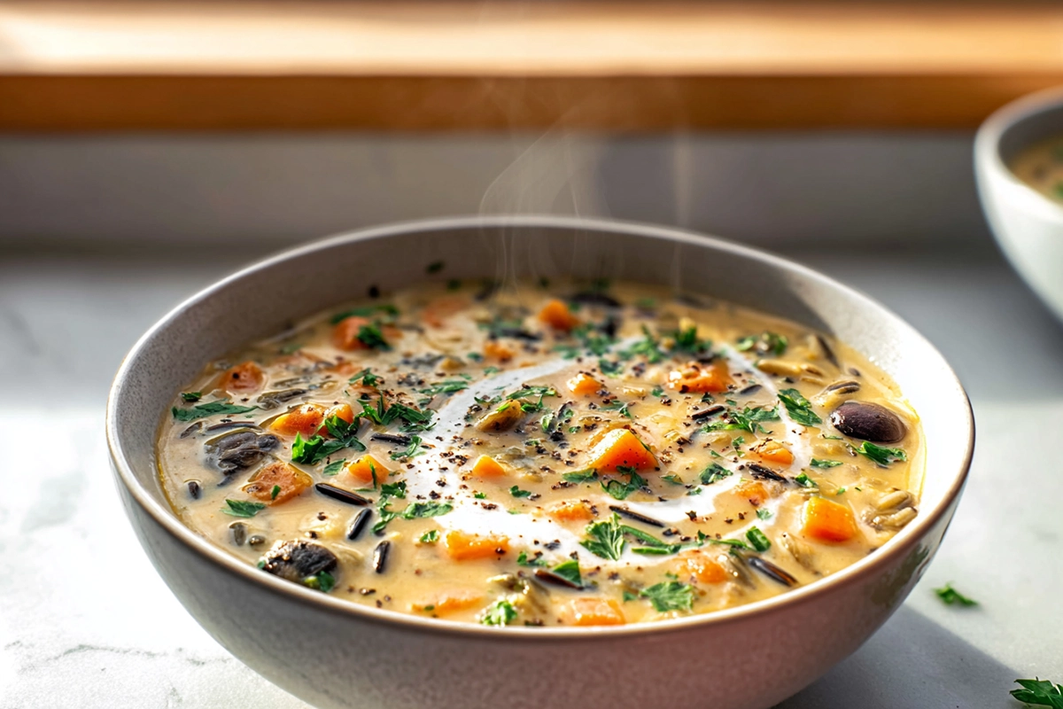 Vegan Pumpkin Wild Rice Soup served warm in a modern bowl