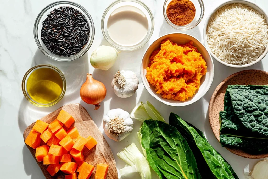 Ingredients for vegan pumpkin wild rice soup arranged neatly