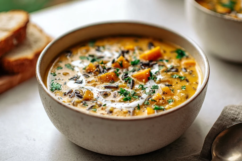 Serving of vegan pumpkin wild rice soup ready to eat