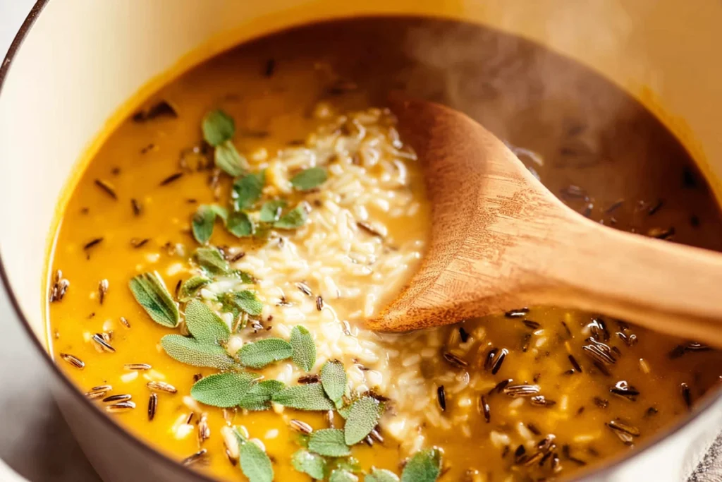 Vegan pumpkin wild rice soup simmering in a pot