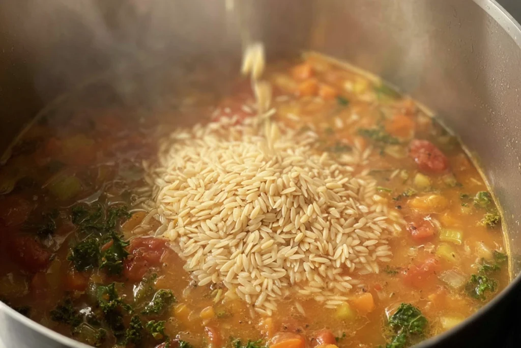Orzo pasta being added to simmering Vegetable Orzo Soup