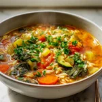 Vegetable Orzo Soup served in a modern bowl with fresh vegetables and herbs