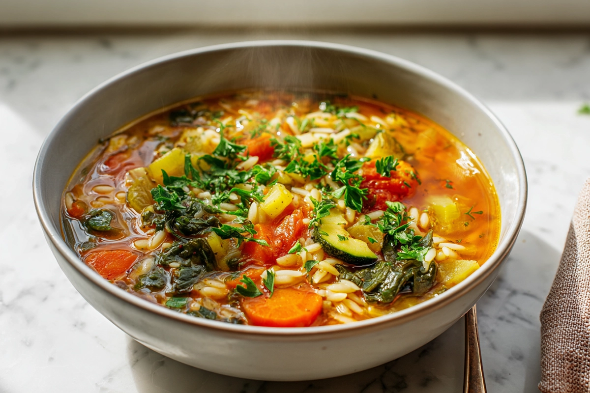 Vegetable Orzo Soup served in a modern bowl with fresh vegetables and herbs