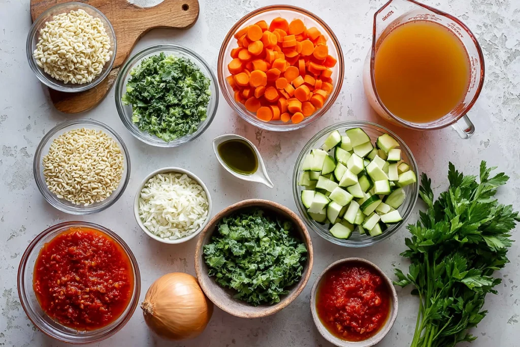Ingredients for Vegetable Orzo Soup arranged neatly on a modern kitchen counter