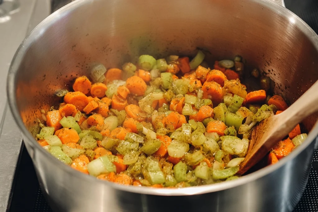 Vegetables sautéing in a pot while preparing Vegetable Orzo Soup