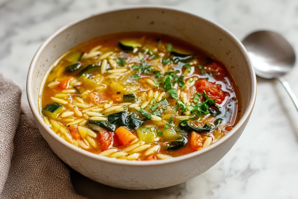 A freshly served bowl of Vegetable Orzo Soup ready to eat
