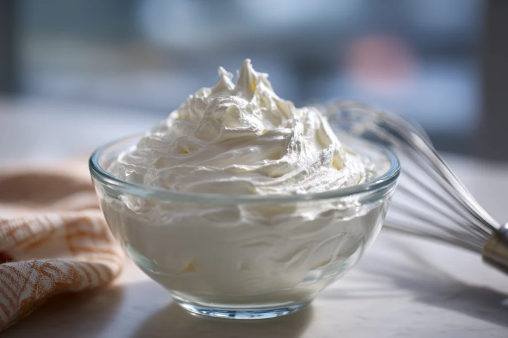 Whipped cream prepared for Black Forest Cake Cups with smooth firm peaks