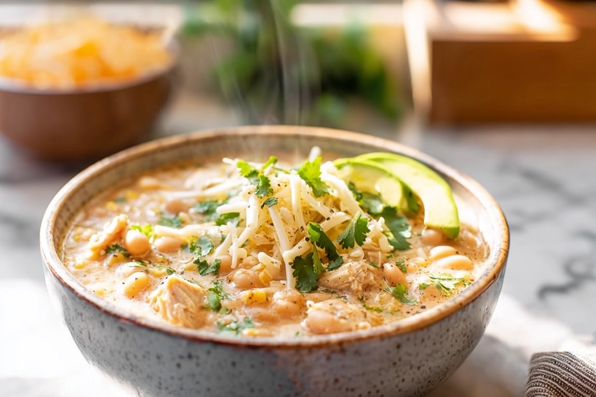 Creamy white chicken chili served in a bowl with chicken, beans, and fresh toppings in a bright home kitchen