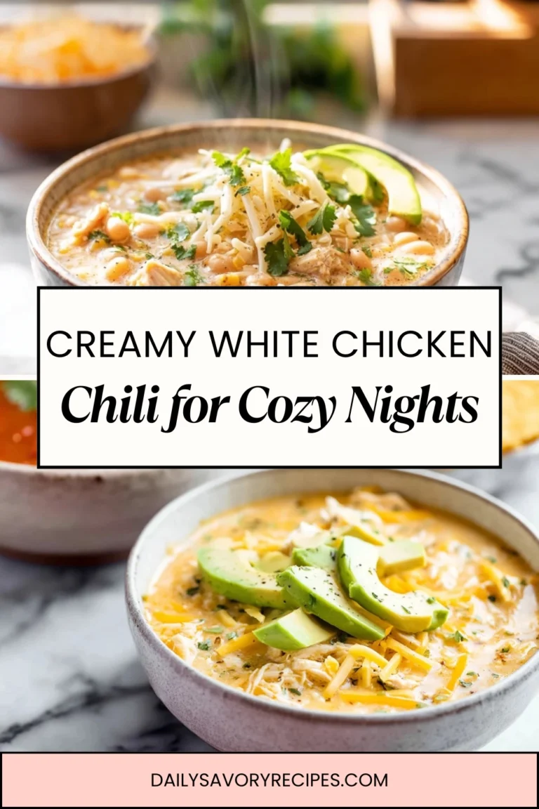 Creamy white chicken chili made with tender chicken and beans in a cozy home kitchen