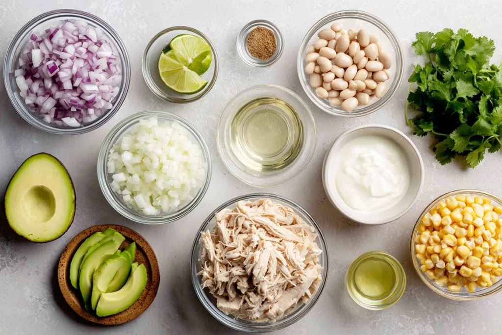 Ingredients for white chicken chili arranged neatly on a light kitchen counter