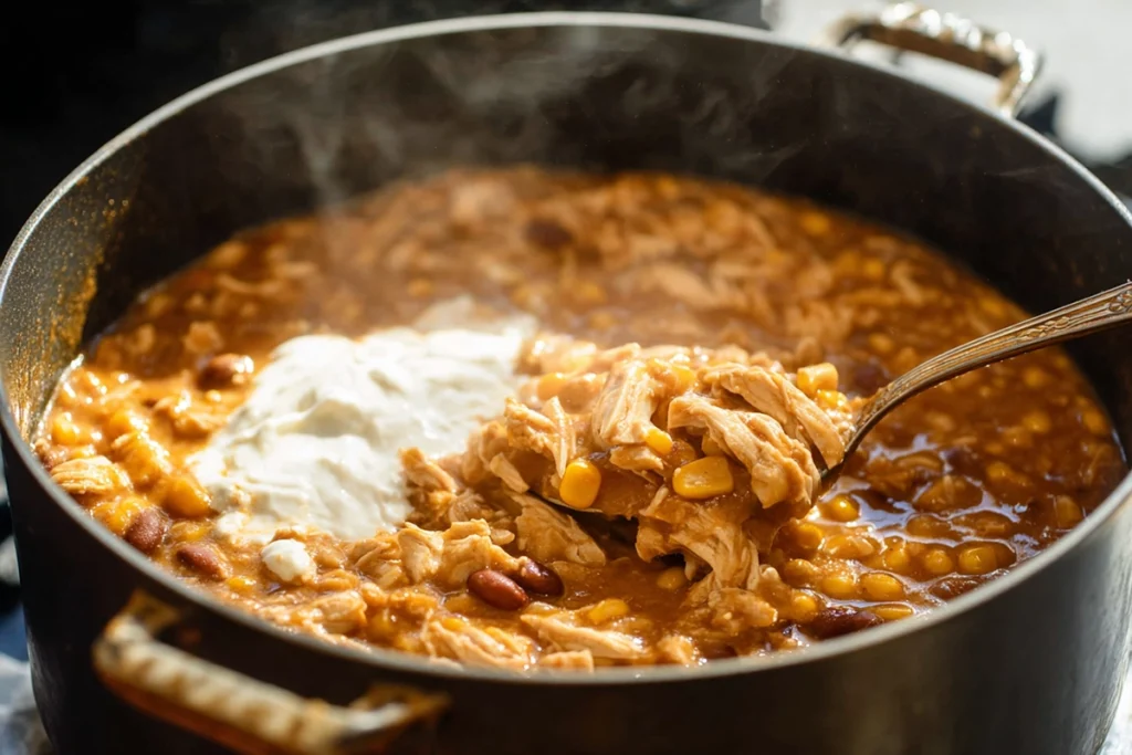 White chicken chili simmering in a pot as it thickens and develops flavor