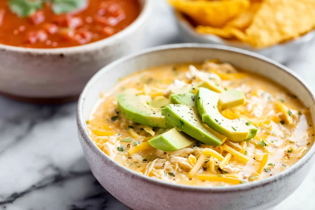 A spoonful of creamy white chicken chili showing texture and warmth