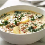 Bowl of Zuppa Toscana Soup with sausage, potatoes, kale, and creamy broth
