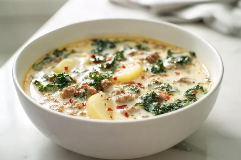 Bowl of Zuppa Toscana Soup with sausage, potatoes, kale, and creamy broth