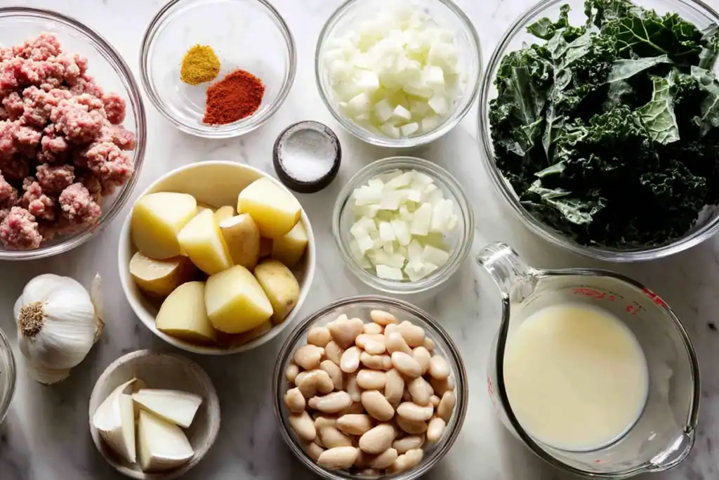Zuppa Toscana Soup That Finally Works at Home 7 Zuppa Toscana Soup ingredients laid out in glass bowls