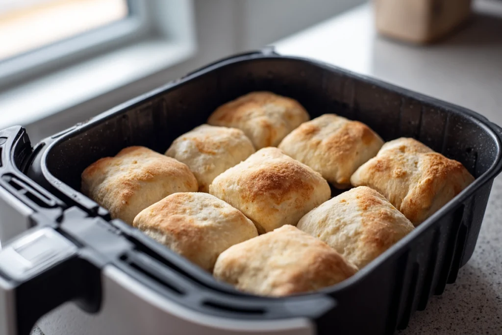 Pizza rolls cooking evenly in an air fryer basket for Air Fryer Pizza Rolls
