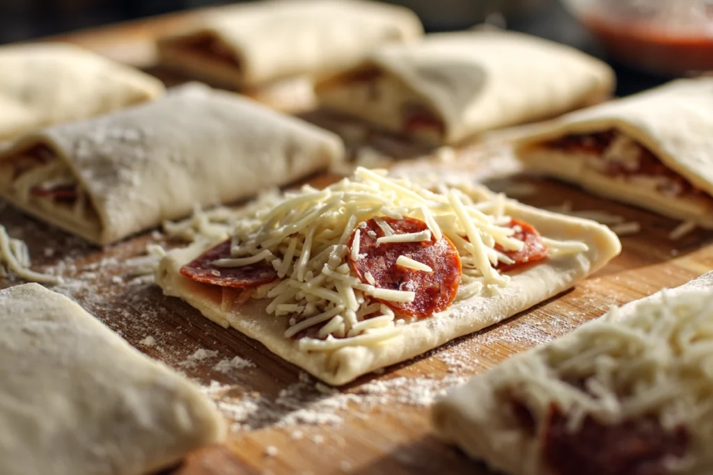 Filling and sealing dough squares for Air Fryer Pizza Rolls before cooking