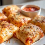 Golden Air Fryer Pizza Rolls served on a plate with marinara sauce in a bright home kitchen