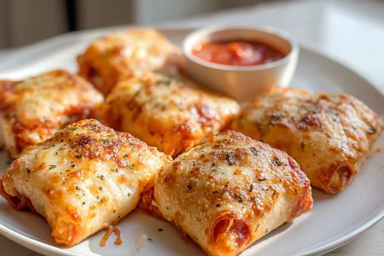 Golden Air Fryer Pizza Rolls served on a plate with marinara sauce in a bright home kitchen
