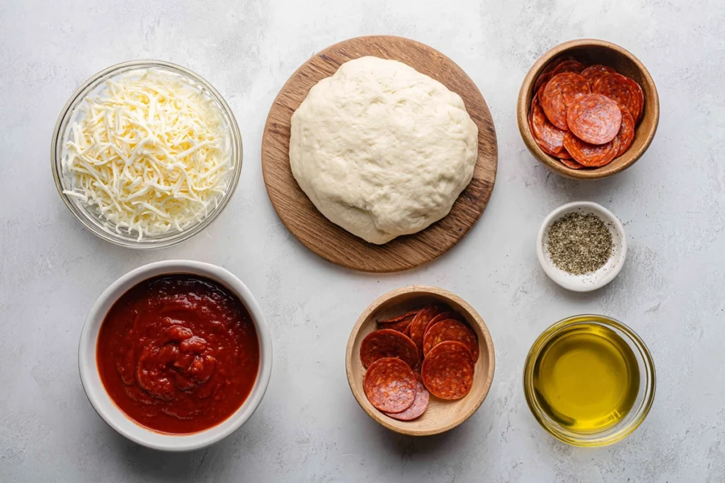 Ingredients for Air Fryer Pizza Rolls arranged overhead on a kitchen counter