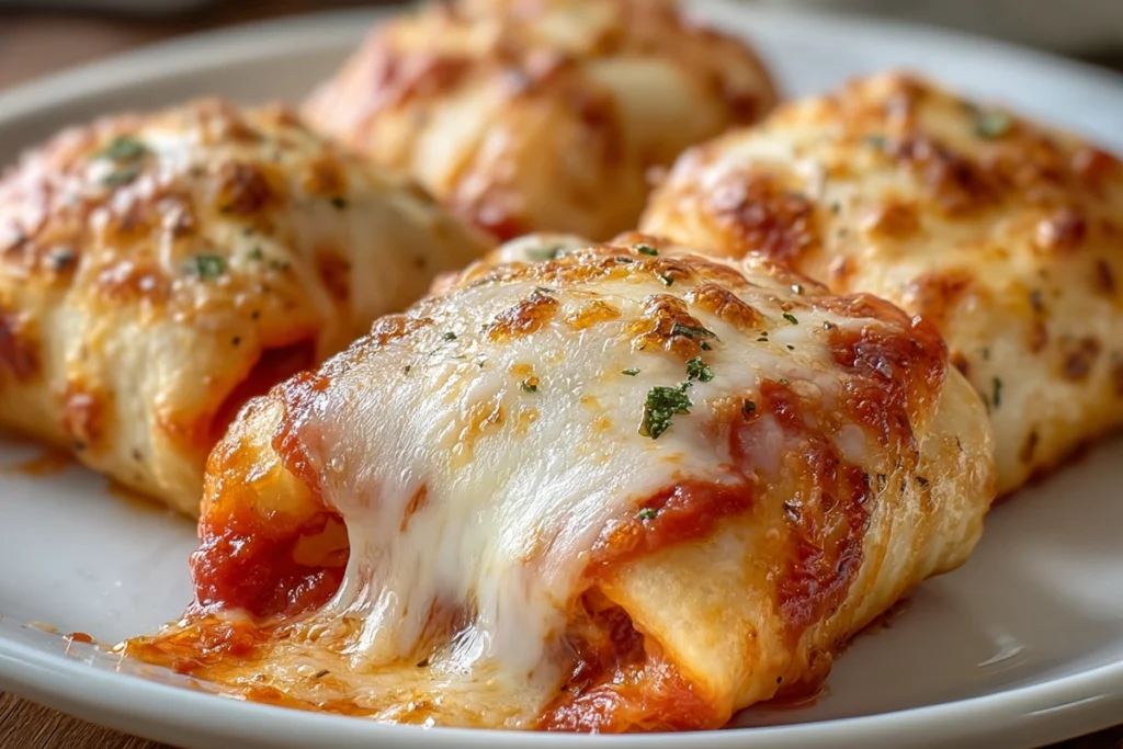 Close-up of Air Fryer Pizza Rolls with melted cheese and marinara sauce