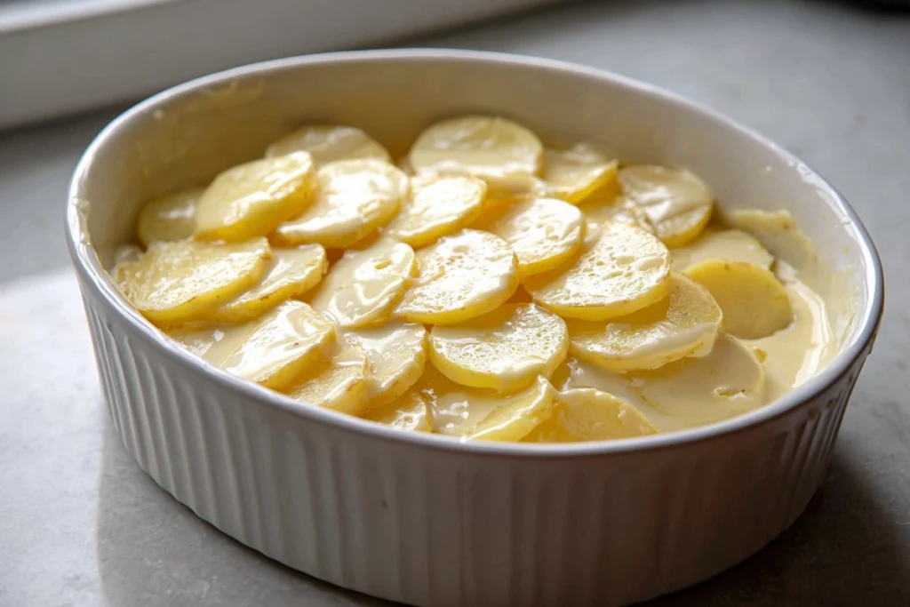 Golden Creamy Scalloped Potatoes being assembled in a baking dish