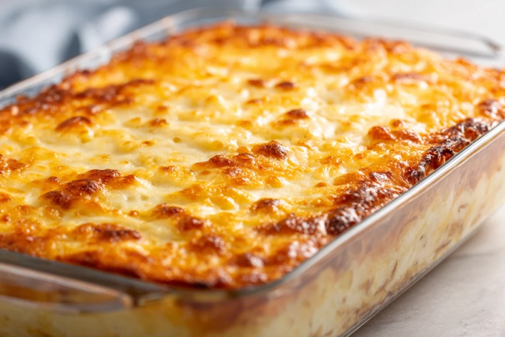 Freshly baked Hashbrown Casserole in a glass baking dish