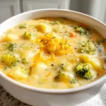 Spoonful of Broccoli Potato Cheese Soup showing creamy texture