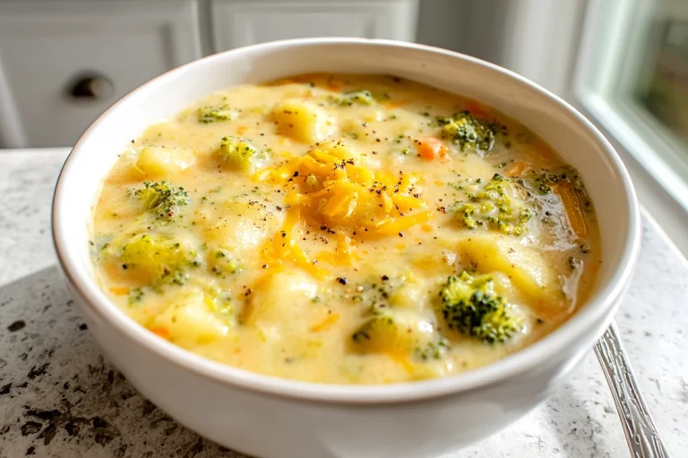 Spoonful of Broccoli Potato Cheese Soup showing creamy texture