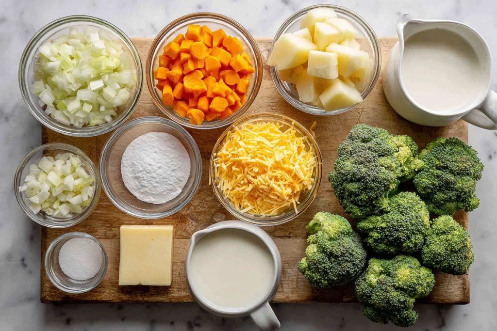 Ingredients for Broccoli Potato Cheese Soup arranged neatly on a kitchen counter