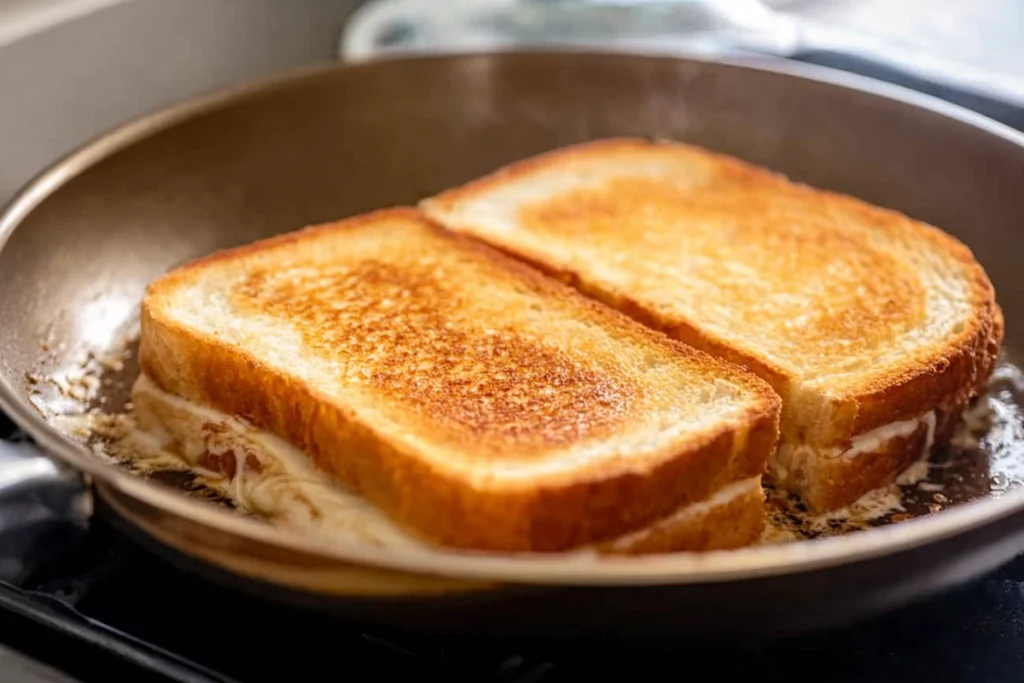 Buffalo Chicken Grilled Cheese cooking in a skillet until golden and crispy