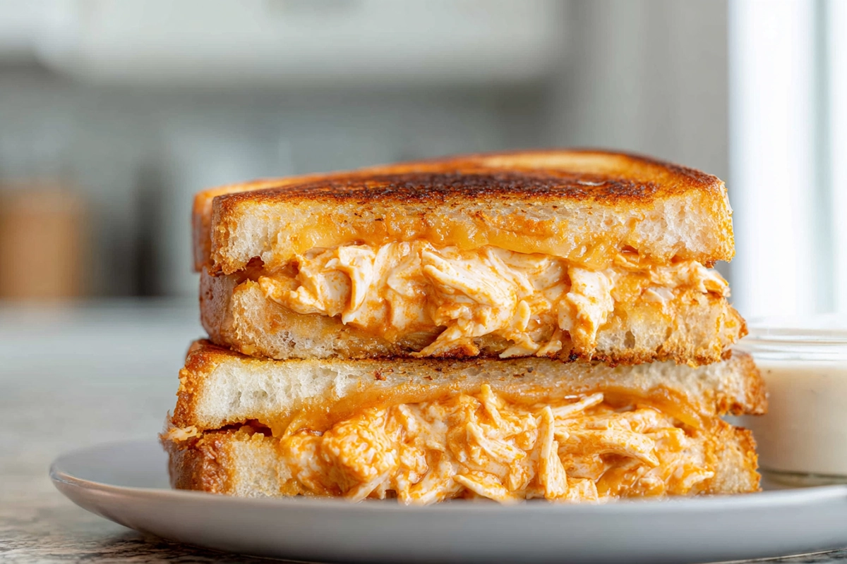 Buffalo Chicken Grilled Cheese sandwich sliced open with melted cheese and spicy chicken
