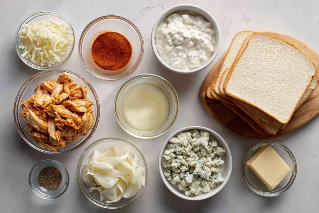 Ingredients for Buffalo Chicken Grilled Cheese arranged on a kitchen counter