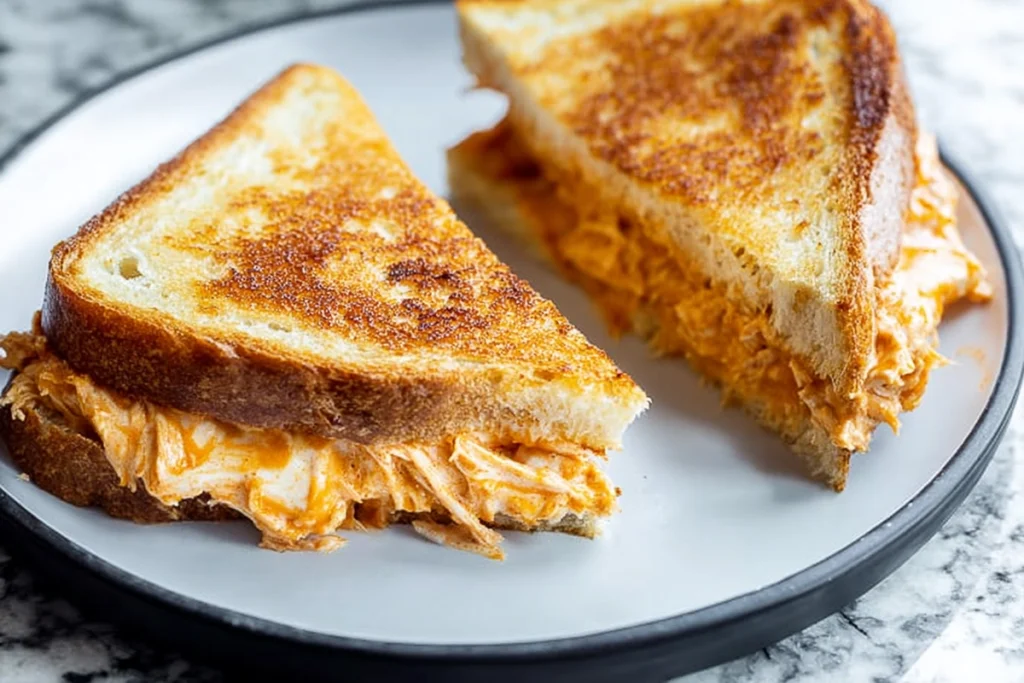 Buffalo Chicken Grilled Cheese sliced and ready to eat with melted cheese