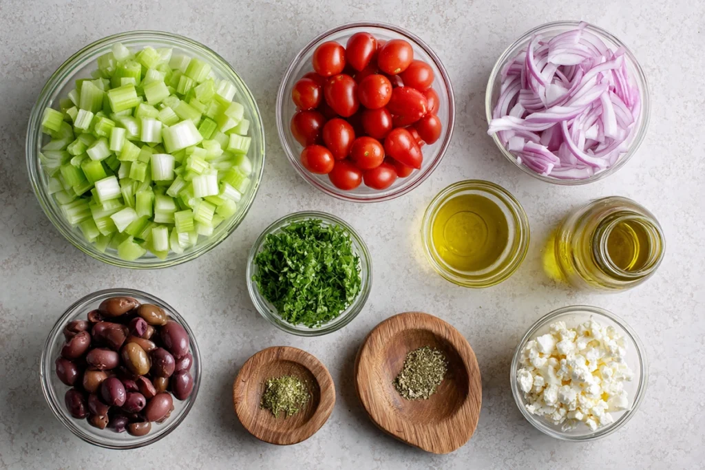 Celery Salad ingredients arranged overhead with fresh celery, herbs, tomatoes, and dressing