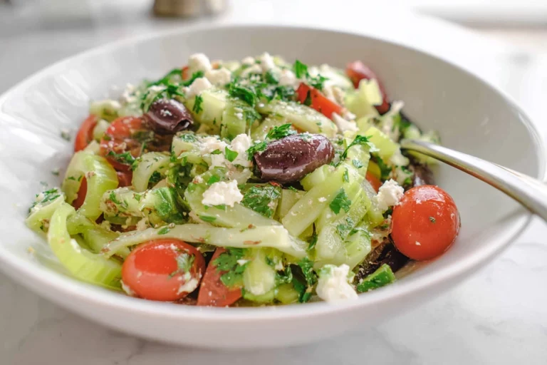 Celery Salad with fresh herbs, tomatoes, olives, and feta in a bright home kitchen
