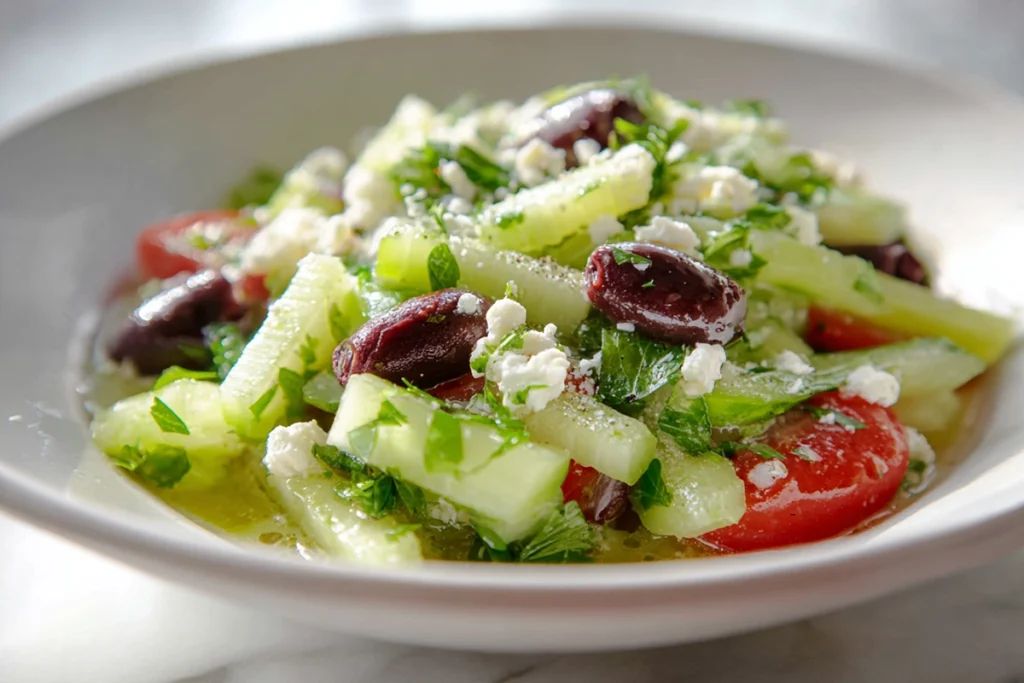 Freshly served Celery Salad with herbs, feta, and olives in a home kitchen
